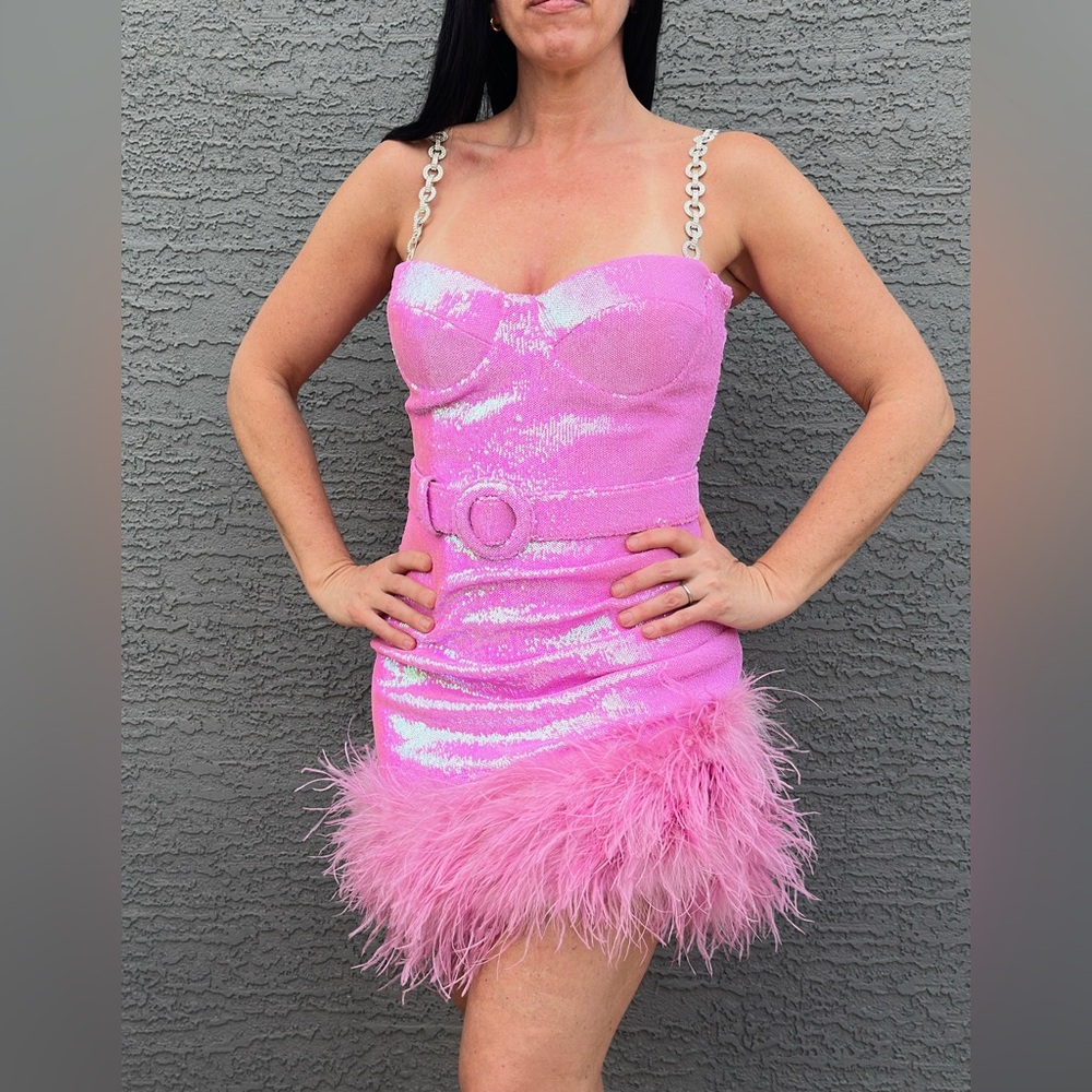 NADINE MERABI Fifi Iridescent Sequins & Feathers Belted Mini Dress Pink